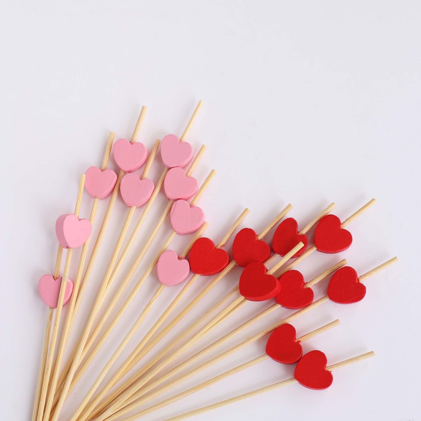 100-Pack Red/Pink Bamboo Skewers 5", Heart Design Biodegradable Cocktail Sticks - Eco Friendly Fruit Appetizer Party Picks - Pack of 100 Sticks